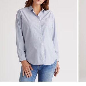 Quince Blue Striped Button-Up Maternity Shirt